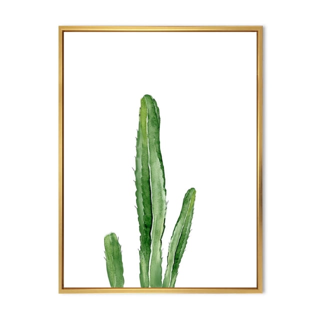 Designart Green Cactus South Western Plant Botanical Detail FLOAT FRAME WALL ART depicting a watercolor green cactus with three vertical stems in varying heights, printed on premium cotton canvas with fade-resistant inks, gallery-wrapped and stretched over a 1-inch wood subframe inside a light wood floating frame, arriving ready to hang with included hardware.