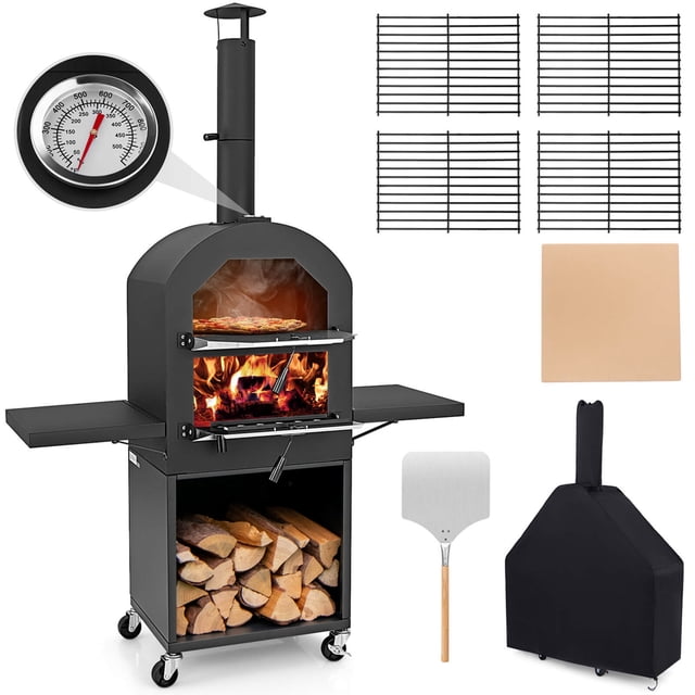 Costway four à Pizza Extérieur four à Pizza au Bois avec Couvercle Protecteur Présentant un design en Métal Noir, Thermomètre Intégré et Cheminée. Comprend une Pierre à Pizza en Cordiérite de 12 Pouces, Pelure de Pizza, Couvercle Protecteur, Grilles de Cuisson et Mailles de Charbon. le four a des Tablettes Latérales, un Compartiment de Rangement Inférieur pour le Bois et Quatre Roues pour la Portabilité, Deux avec Freins. Idéal pour la Cuisson Extérieure, Atteint jusqu'à 750 °F, Préchauffe en 5 à 10 minutes et Cuit des pizzas en 2 minutes.