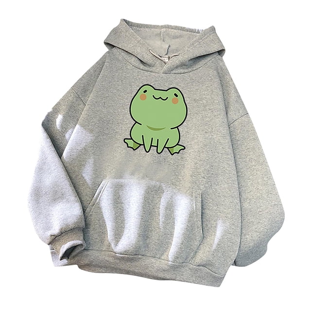 cllios Womens Cute Cartoon Frog Print Hoodies Long Sleeve Pullover Drawstring Hooded Sweatshirts