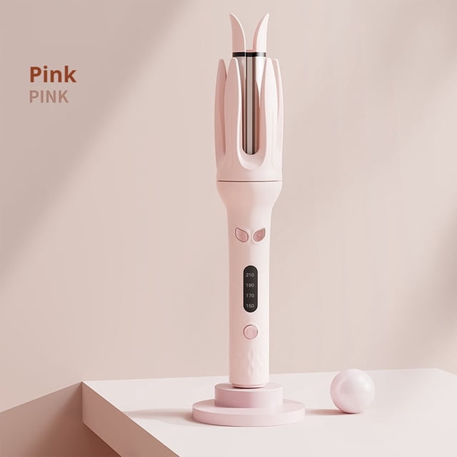 EGNMCR Fully Automatic Curling Stick in pink, designed for safe and efficient styling. Features a dragon claw design with double-layer material, temperature control from 150°C to 210°C, and a ceramic layer infused with negative ions for hair care. Includes an automatic rotating mechanism for effortless curling. Compact and portable, suitable for dorms, RVs, or home use. Often referred to as a hair curling iron or rotating curler.