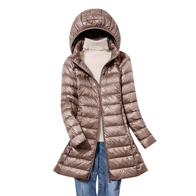RKSTN Puffer Jacket Womens Lightweight Removable Hood Lightweight Down Jacket Mid-length Plus Size Zipper Thin Jacket with Pockets