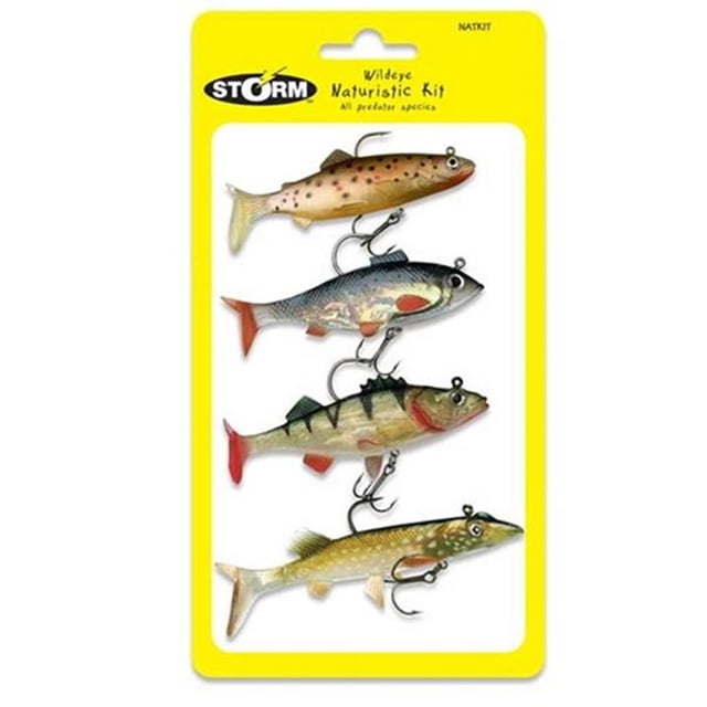 Storm WildEye Nature Kit, 3 Pack with four lifelike fishing baits featuring naturalistic colors, 3D holographic eyes, and VMC treble hooks, ideal for terminal tackle in predator species fishing, shown on a yellow backing card.