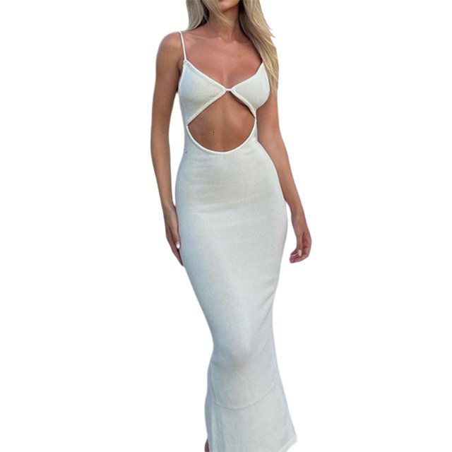 Gupgi Robe Moulante Sans Manches pour Femmes Couleur Unie Col en V Découpe Dos Nu Fendu Robe Portefeuille