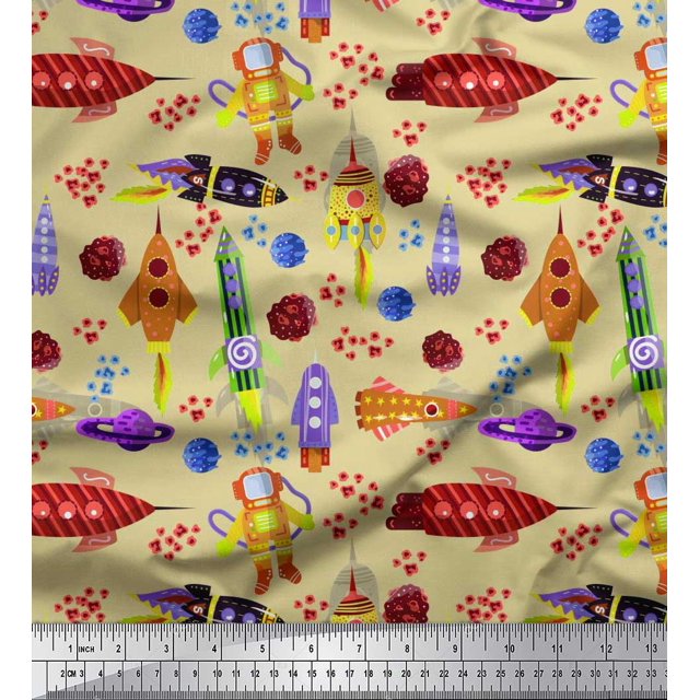 Soimoi Rayon Fabric Rocket,Planet & Astronaut Cartoon Fabric Prints by Yard 42 Inch Wide