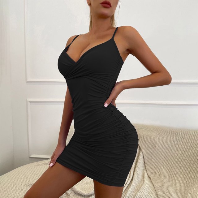 Pisexur Robes Femmes Belle Robe d'Été pour Femmes Mode d'Été Robe Aguichant à Col en V Noir,m