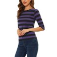 thumbnail image 4 of INSPIRE CHIC Hauts pour Femmes Non Doublés Col Rond Manches au Coude Coupe Ajustée T-Shirt Décontracté m Noir Violet, 4 of 6