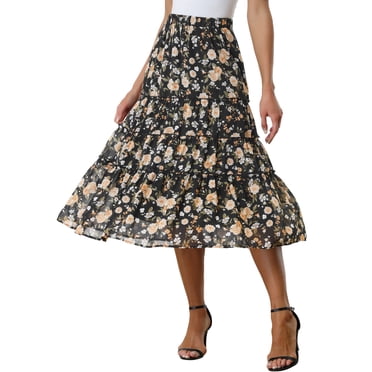 Unique Bargains Women's Floral Elastic Waist Tiered A-Line Long Chiffon Skirt Blacks XL