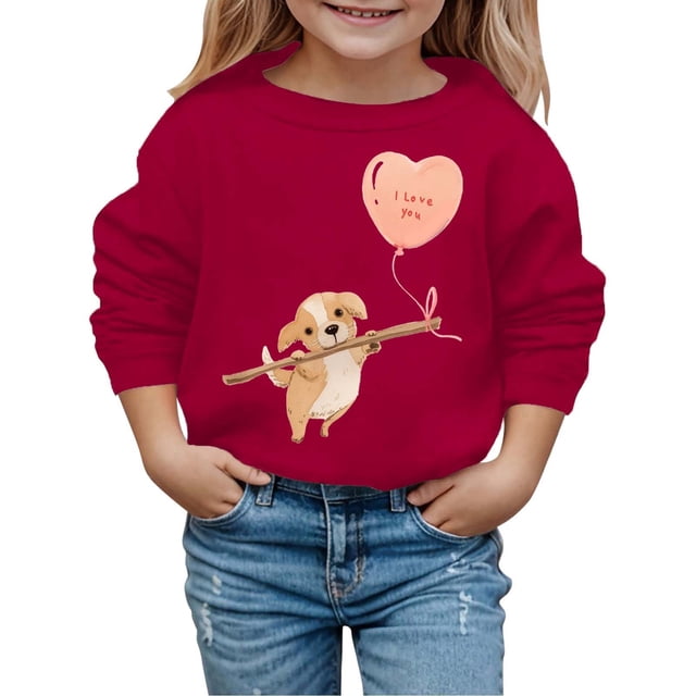 PMVFHDE Chandails à Col Rond Fille Automne et Hiver Saint-Valentin à la Mode et Intéressant Imprimé Chiot Chandail à Capuchon pour Enfants Rouge, 5-6 Ans