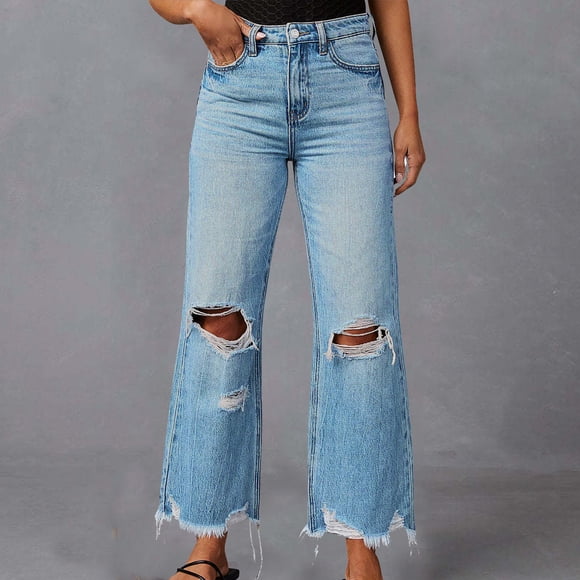 Sentmoon Jeans Amples à Jambe Grand pour Femmes, Doux et Confortables, Pantalon en Jean à Jambe Grand, Taille Haute, Coupe Ample, avec Poches, Couleur Unie, Pleine Longueur, Pantalon en Denim Décontracté pour la Fin de Semaine, P-2TG
