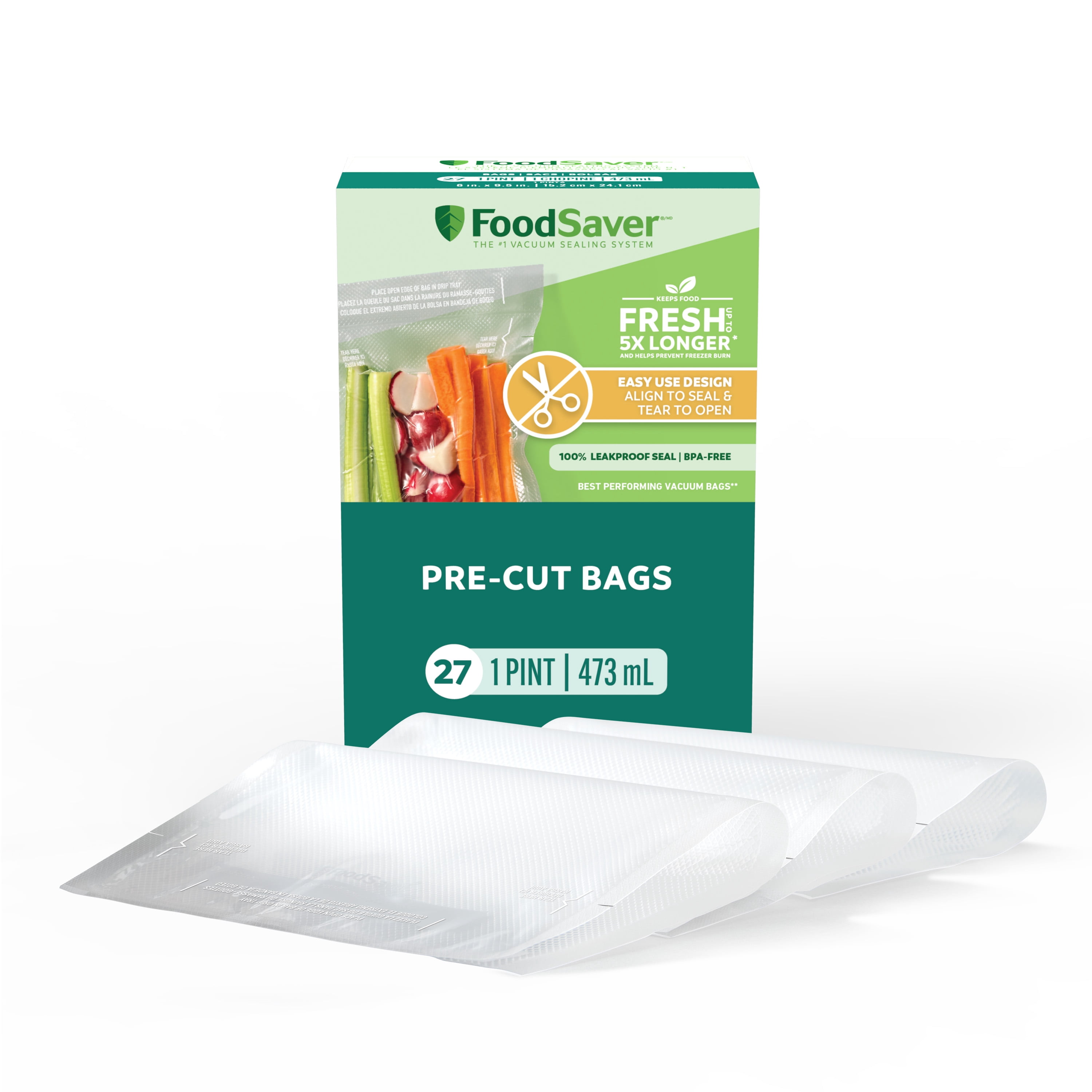 FoodSaver Pint Pre-Cut Vacuum Seal Bags (473 mL), Easy Use Vacuum Storage Bags, Align to Seal and Tear to Open Vacuum Sealer Storage Bags