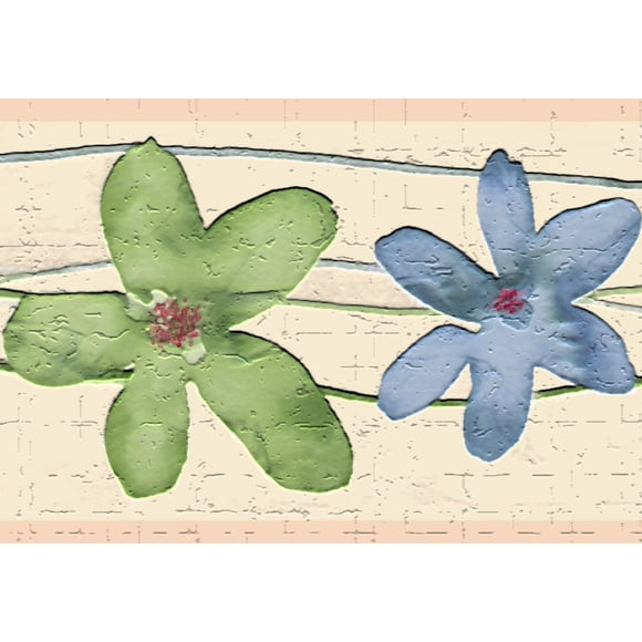 Dundee Deco's Peel and Stick Wallpaper Border - Kids Green, Blue Flowers Wall Border Retro Design, 15 ft x 7 in (4.57m x 17.78cm), Self Adhesive