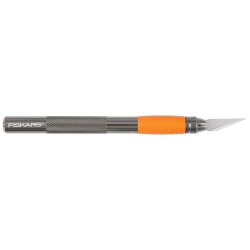 Fiskars Softgrip Couteau de Détail avec un Baril Métallique Texturé Gris Foncé, point de Contact Softgrip orange et Lame No 11 à Angle Pointu, Conçu pour la Coupe Précise de Matériaux d'Artisanat Légers comme le Papier et le Tissu.