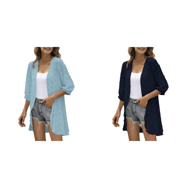 2 Pack(Dark Blue 1PCS & Sky Blue 1PCS) Multipack Women Casual Cardigan Three Quarter Sleeve Open Front Lightweight Dots Cardigan Draped Ruffles Cardigan