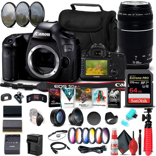 Canon EOS 5DS R DSLR Camera (Body Only) (0582C002) + Canon EF 75-300mm F/4-5.6 III Lens (6473A003) + 64GB Memory Card + Color Filter Kit + Filter Kit + LPE6 Battery + External Charger + More