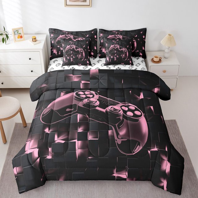 YST Kids Gamer 7-Piece Comforter Set, Pink Black Video Game Bedding, Polyester, Full (1 Count)