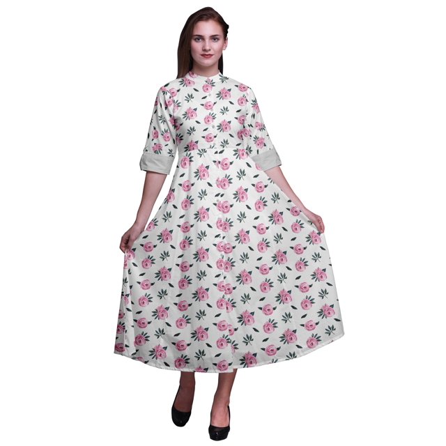 Bimba Robe Chemise à Imprimé Floral à Boutons, Col Mandarin, Manches Retroussables - XXX-Grand
