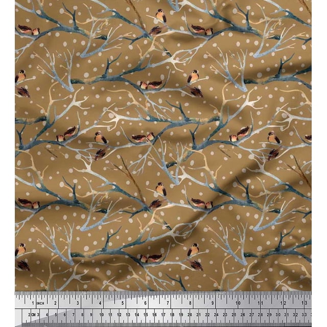 Soimoi Brown Modal Satin Fabric Branch,Dot & American Robin Bird Print Fabric by Yard 42 Inch Wide