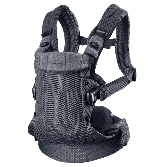 BabyBjorn Baby Carrier Harmony in anthracite color, made with 3D mesh fabric for breathability and comfort. Features include a pressure-relieving waist belt, padded shoulder straps, and adjustable back support. Designed for infants up to 40 lbs, it offers three adjustable head support positions and a snug fit with its soft, high-tech polyester mesh. The carrier is hip-friendly and easy to attach with poppers.