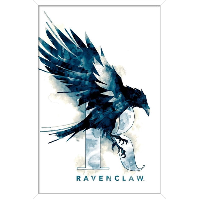 Le Monde des Sorciers : Harry Potter - Affiche Murale du Logo de la Maison Illustrée Serdaigle Présentant un Corbeau Aquarelle Bleu aux Ailes Tendues Perché sur une Grande Lettre Stylisée R, Ensemble sur Fond Blanc avec Texte « Serdaigle » en Dessous, Imprimé sur Papier d'Affiche Brillant Convenant à la Décoration Murale de Chambre Ou de Dortoir.