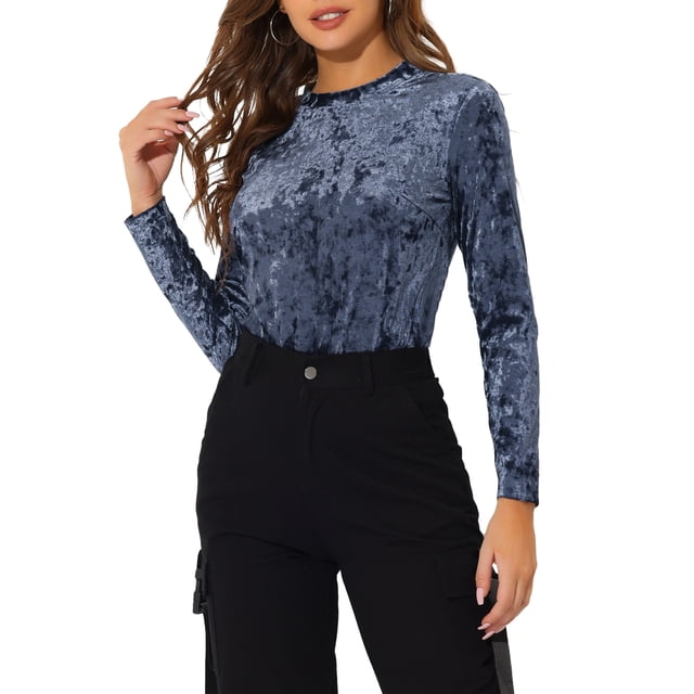 INSPIRE CHIC T-Shirts en Velours pour Femmes Col Rond Manches Longues Décontracté TP Gris Bleu
