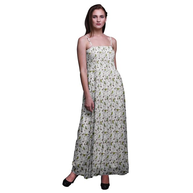 Bimba Robe Longue Maxi à Corsage Smocké pour Femmes à Imprimé Feuilles et Oiseau Flowerpecker - Grand
