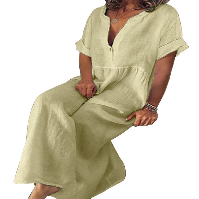 CHUANK Robe Maxi Ample à Manches Longues en Coton et Lin pour Femmes, Grande Taille, Unie, Boutonnée