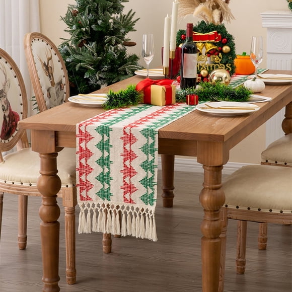 Iumwxz Extra Long Cotton Table Flag with Knotted Tassels Red and Green Two Tone Color Blocked Woven Design 33x180cm 13x70.86in Washable Tablecloth for Holiday Decorations and Special Events