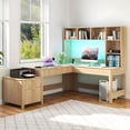 thumbnail image 2 of DEXTRUS 67“ L-Shaped Computer Desk with Hutch & LED Light & Charging Station, Home Office Desk Executive Desk with Drawers & File Cabinet, Brown, 2 of 10
