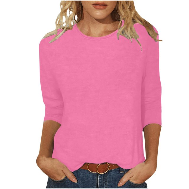 Pompotops T-shirt Uni pour Femme, Blouse Mi-Longue à Manches 3/4, Col Rond, Hauts Décontractés, Liquidation