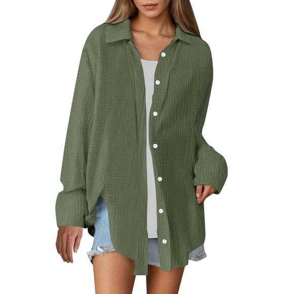 cfhntfmh Button down Shirt Women Long Sleeve Cotton Oversized Shirts for Women Work Blouses Summer Vacation Clothes