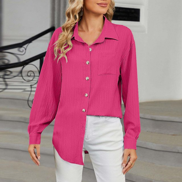 RXIRUCGD Hauts à Col à Revers à Manches Longues Unis pour Femmes, Rose Vif, Taille : S