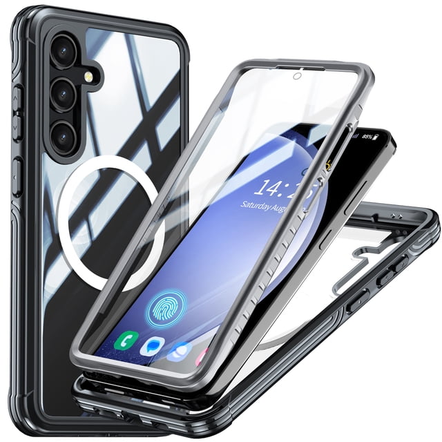 Clear Magnetic Cover Case for Samsung Galaxy S24 FE in black, featuring built-in tempered glass screen protector, full-body rugged shockproof design, and anti-slip sides. Includes a magnet ring for Magsafe compatibility, ultra-clear TPU material, military-grade protection, and raised bezels for camera and screen protection.