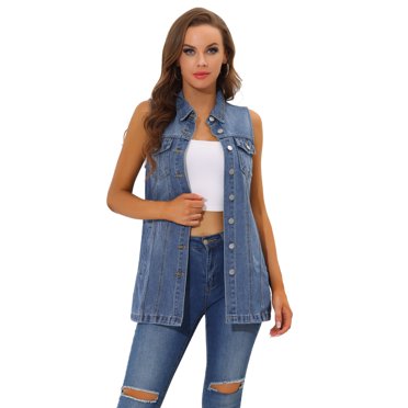 INSPIRE CHIC Gilet en Denim pour Femme Sans Manches à Boutons Mi-Long Gilet en Jean Décontracté S Bleu
