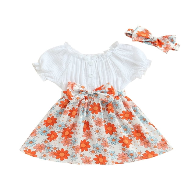 Girls Short Sleeve Off Shoulder Floral Patchwork Dress with Headband