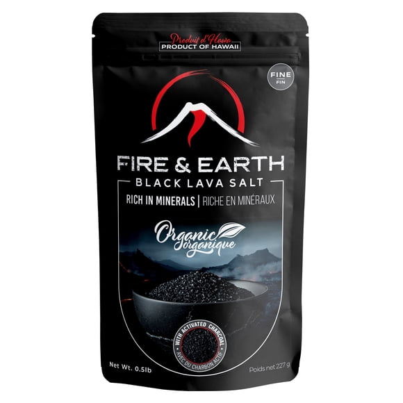 Fire & Earth - Sel Marin Hawaïen Biologique à Lave Noire - Sel Noir avec Charbon Activé 0,5 Lb - Grain Fin