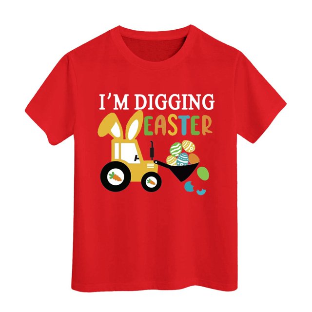 PMVFHDE T-Shirt Graphique à Manches Courtes Imprimé Lapin de Pâques pour Enfants, Col Rond, Décontracté, Printemps Été, Rouge, 6-7 Ans