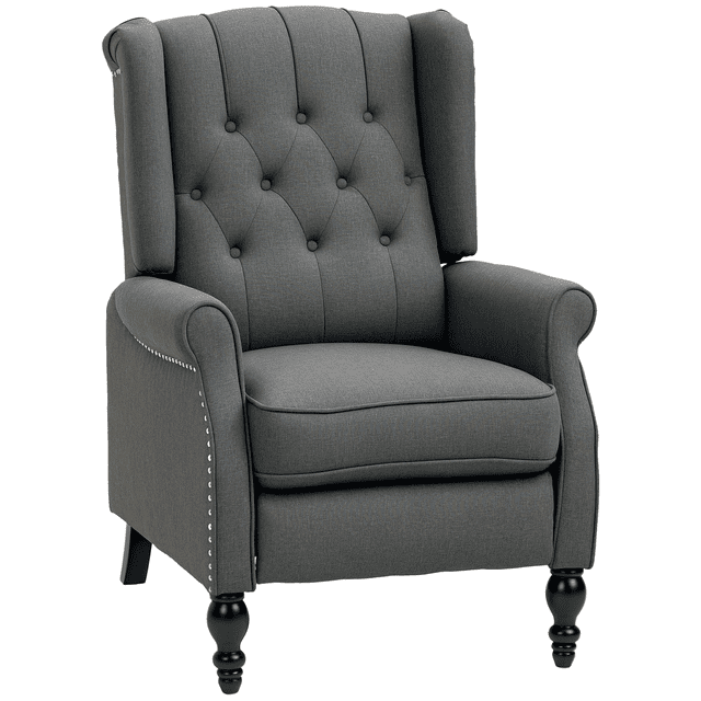 HOMCOM Canapé Inclinable Manuel avec Accoudoirs pour Salon en Gris Foncé. Doté d'Un Revêtement Effet Lin avec Capitonnage à Boutons, Garniture de Clous Décoratifs et design à Dossier Ailé. Comprend un Dossier Inclinable Manuel jusqu'à 150°, un Repose-Pieds Rétractable et un Siège Épais Rembourré pour le Confort. Dimensions : Vertical 28 Pouces L x 33.9 Pouces P x 41.7 Pouces H, Inclinable 28 Pouces L x 59.8 Pouces P x 33.1 Pouces H. Soutenu par des Pieds en Bois Massif et un Cadre en Acier.