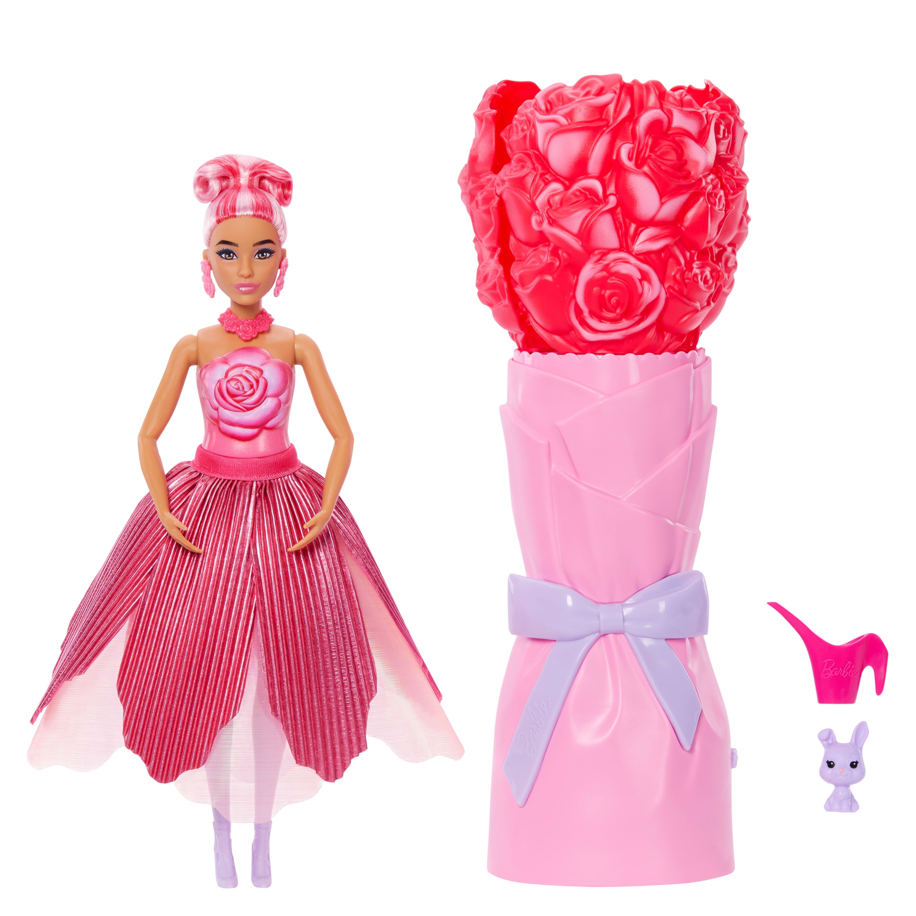 Barbie Petal Pop Scented Fashion Doll with Rose Dress, Reveal Accessories like Bunny & More