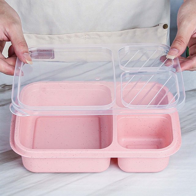Meitianfacai Bento Box Adult Lunch Box with 3 compartments in pink ABS material, designed for meal prep and food storage. Features a transparent lid for easy viewing, lightweight and stackable for school, work, and travel. Microwave, freezer, and dishwasher safe without the lid.