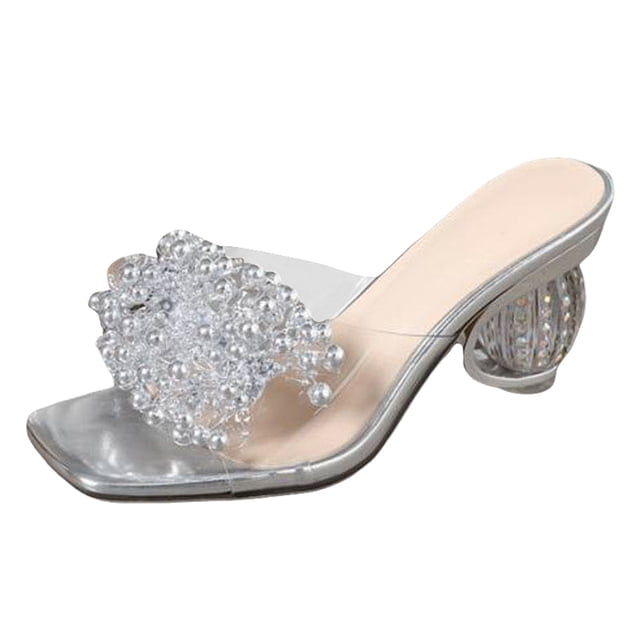 Dakaela Clear Heels for Women Square Toe Heeled Sandals Rhinestones Chunky Wedding Party Dress Pumps