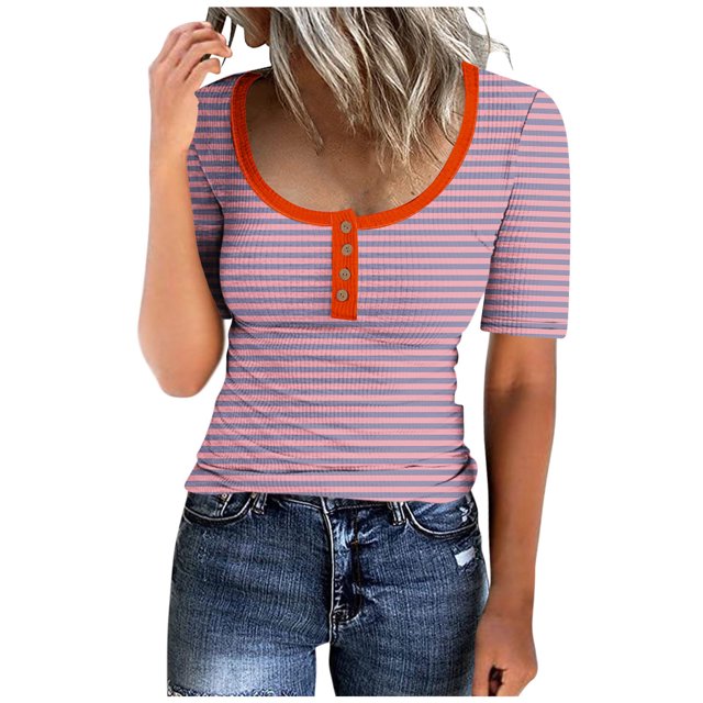 Blouses pour Femmes Mode Blouses Rayées Imprimées Boutonnées T-Shirt Manches Courtes Col Rond