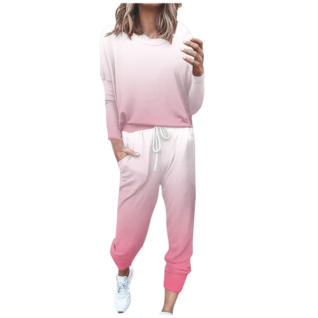 Mrat Two Piece Swimsuit for Women 2 Piece Jogging Sets Gradient Color Polyester Long Sleeve Sweatsuits Sets Two Piece Track Suits Drawstring High Waist Pants Set Comfy Outfits T-Pink S
