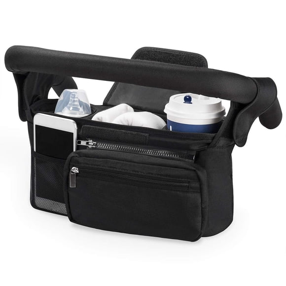 pstuiky Sac Organisateur pour Poussette avec 2 Porte-Gobelets, Dragonne Détachable, Sangle d'Épaule, Sac à Couches, Caddy de Rangement pour Poussette Parents avec Porte-Bouteille Isolé, Poche pour Téléphone, Sangles Ajustables