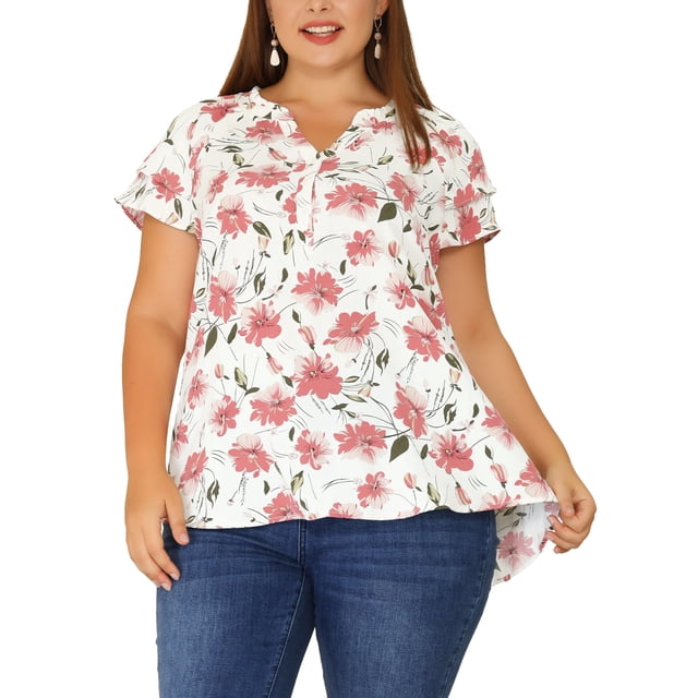 Agnes Orinda Hauts de Pâques pour Femmes Grande Taille Rétro à Fleurs Col en V à Étages Manches Courtes Blouses en 2X Rose Blanc. la blouse Présente un Motif Floral Rose sur Fond Blanc, un Col en V, des Manches Courtes à Étages, et une Demi-Patte de Boutonnage. Fabriquée en Tissu Léger 100 % polyester, Elle Offre une Coupe Confortable et Est Conçue pour des occasions Décontractées Ou Festives. le Modèle l'Agence avec des jeans Bleus, Mettant en Valeur Sa Polyvalence pour le Port Quotidien Ou les Rassemblements.