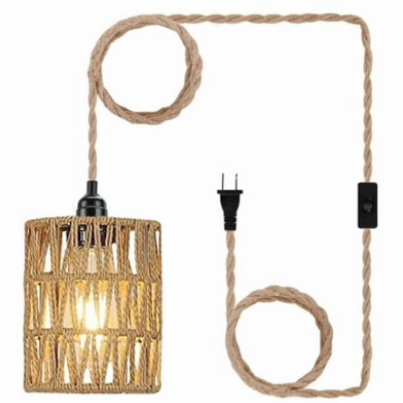 WUSUOWEI 1PC Hanging Lamps with Plug in Cord,Paper Rope Pendant,Ceiling Lamp Paper Rope Cylinder Lam,Hand Woven Shelves Bohemian Decor for Bedroom Living Room Corner,Restaurant,Coffee Shop