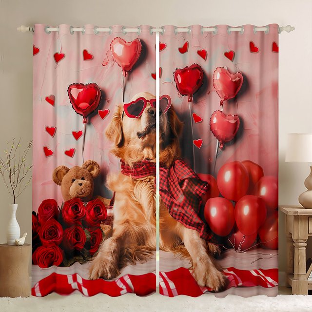 Jolis Rideaux pour Chien pour Salon, Rideaux de Fenêtre à Fleurs de Roses Rouges Occultants pour Chambre 30 %-50 %, Traitement de Fenêtre Mignon Ours Ballon à Oeillets 2 Panneaux Déco, 38l X 45h