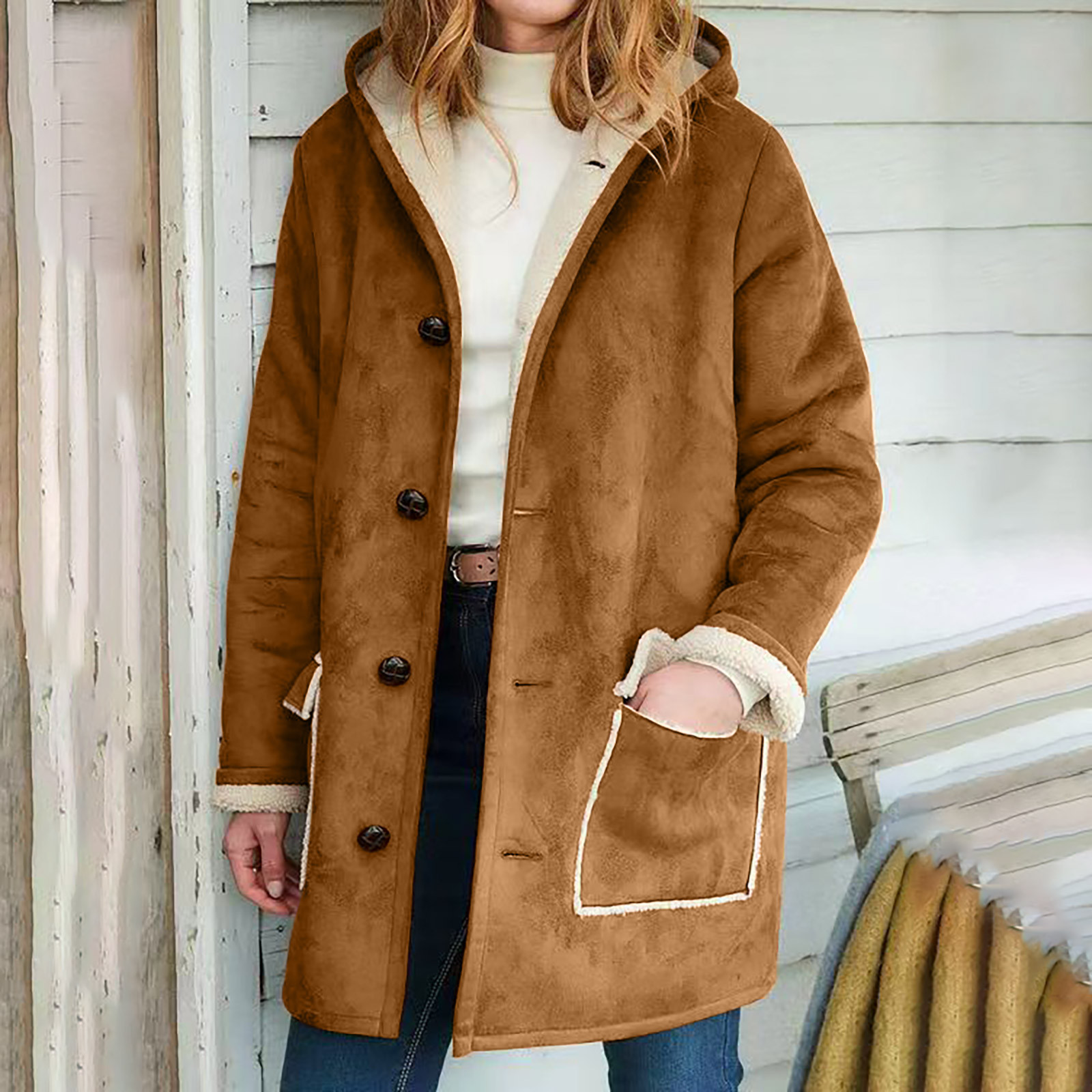 LOVZFMLL Jackets for Women Winter Warm Composite Button Hooded Jacket Outwear Solid Color Coat