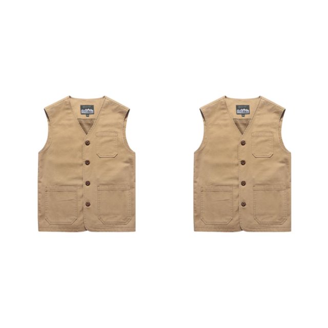 ZheElen Essentials Close With Cotton Vests Featuring Multi-pockets Made With Cotton khaki 6XL 2Set