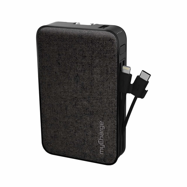 myCharge PowerHub Ultra 10K mAh Black Batteries and Portable Power with a sleek black textured finish. Features built-in Lightning and USB-C cables, USB-A and USB-C ports, and foldable wall prongs for convenient recharging. Includes a 10,000mAh internal battery for powering multiple devices while traveling.