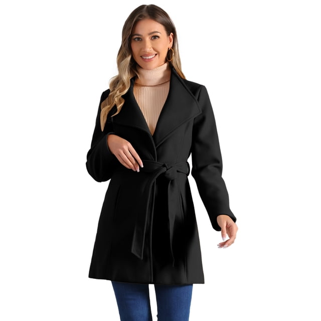 INSPIRE CHIC Manteau Long Classique pour Femme à Col Montant, Manches Longues, d'Hiver, Ceinturé, L Noir